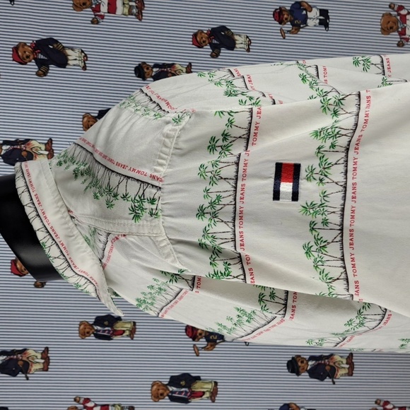Vintage Tommy Jeans palm trees all over print white & green button-up Med shirt - Picture 3 of 8